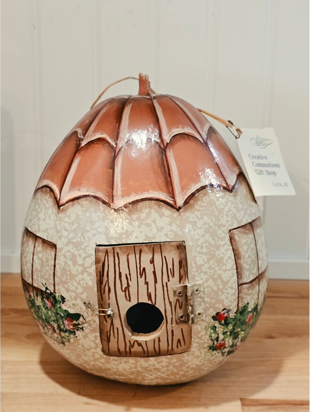Signed 2006 Gourd Birdhouse Fairy Cottage Folk Art Hinged Opening Door Decor